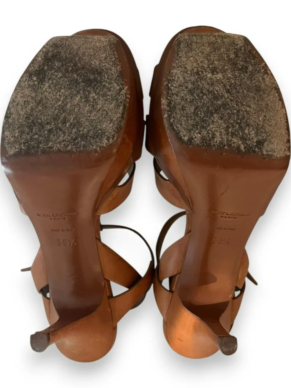 Saint Laurent Tribute 105 Cognac Leather Platform Sandals Heels